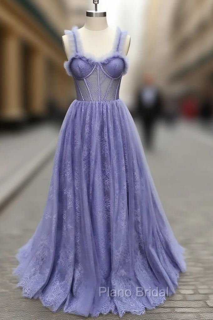 Gray Sweetheart Neck Tulle Lace Long Formal Prom Dresses Blue Formal Dresses
