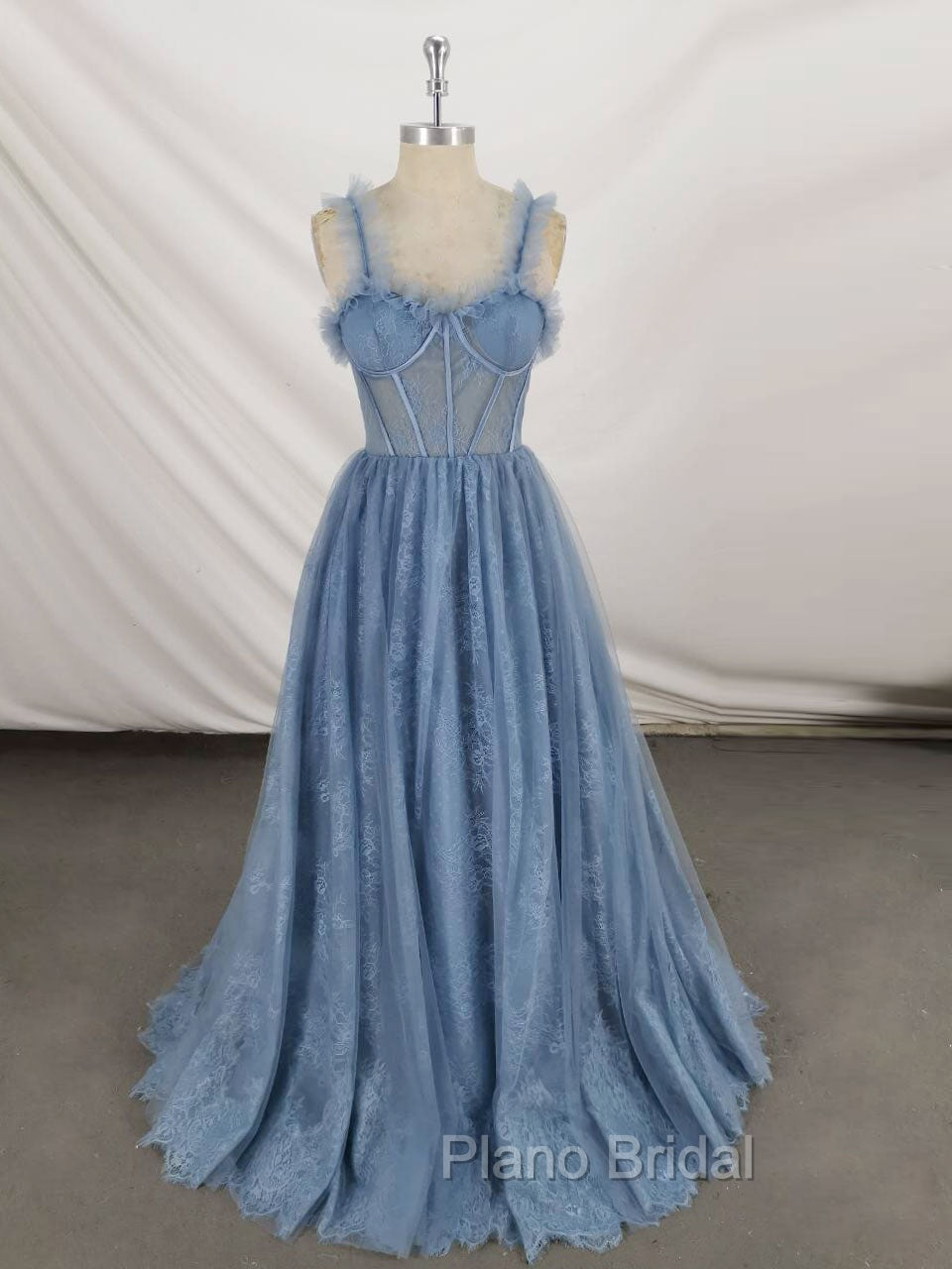 Gray Sweetheart Neck Tulle Lace Long Formal Prom Dresses Blue Formal Dresses