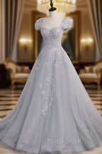 Gray Sweetheart Neck Tulle Lace Long Formal Prom Dresses, Gray Evening Dresses