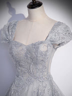 Gray Sweetheart Neck Tulle Lace Long Formal Prom Dresses, Gray Evening Dresses