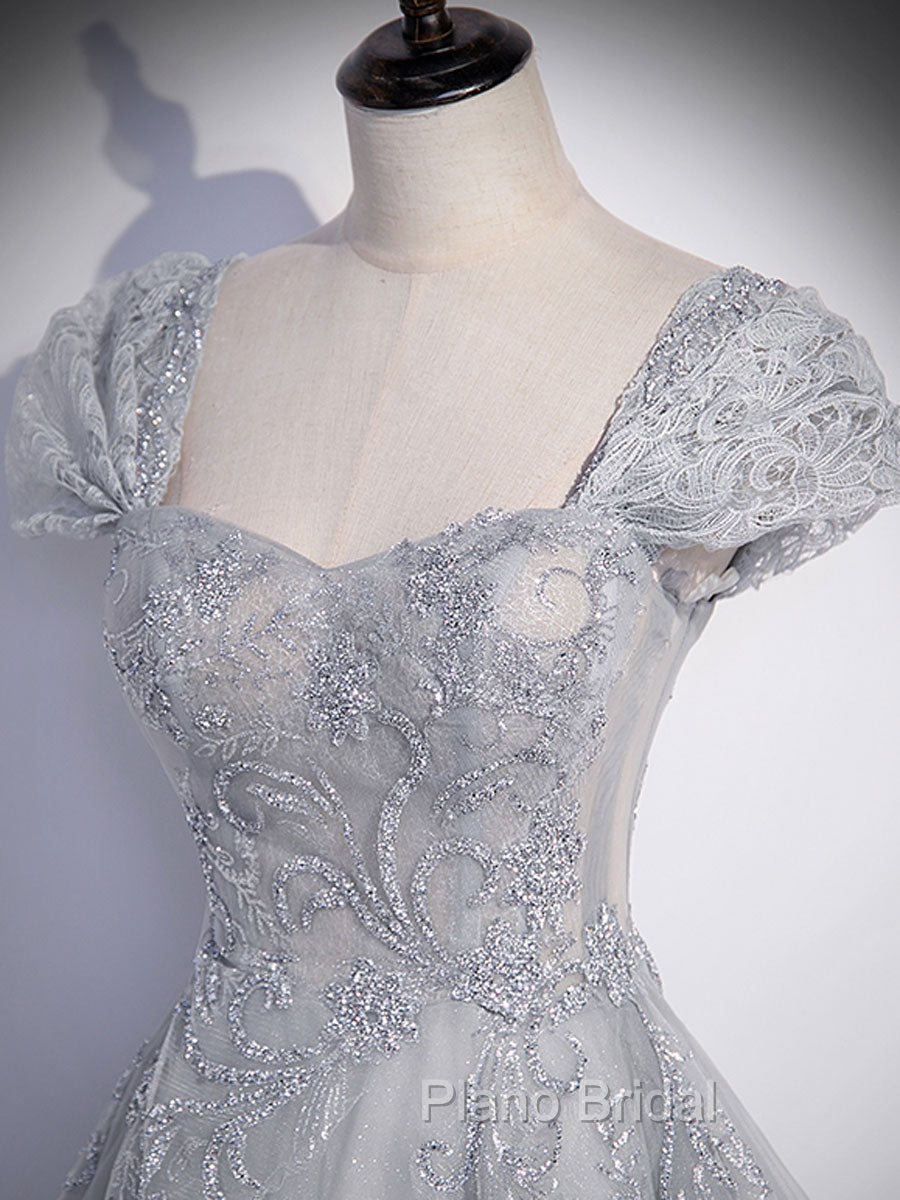 Gray Sweetheart Neck Tulle Lace Long Formal Prom Dresses, Gray Evening Dresses