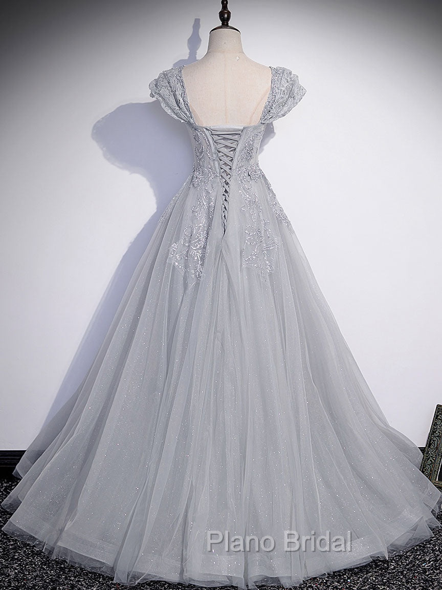 Gray Sweetheart Neck Tulle Lace Long Formal Prom Dresses, Gray Evening Dresses