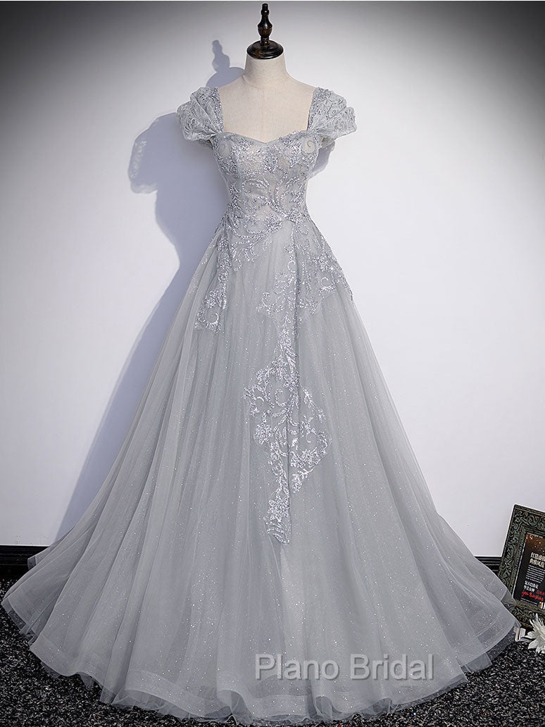 Gray Sweetheart Neck Tulle Lace Long Formal Prom Dresses, Gray Evening Dresses