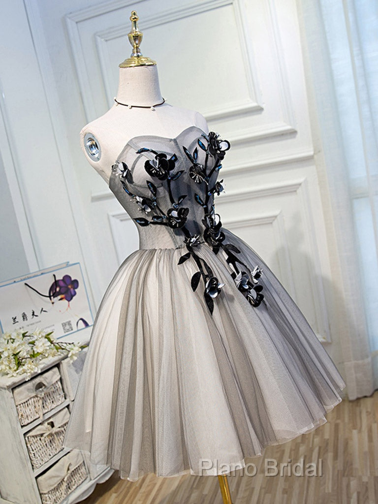 Gray Sweetheart Neck Tulle Lace Short Formal Prom Dresses, Cute Homecoming Dresses