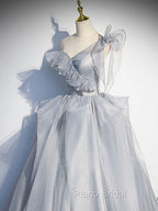 Gray Sweetheart Tulle Long Formal Prom Dresses, Gray Evening Dresses