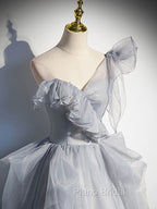 Gray Sweetheart Tulle Long Formal Prom Dresses, Gray Evening Dresses