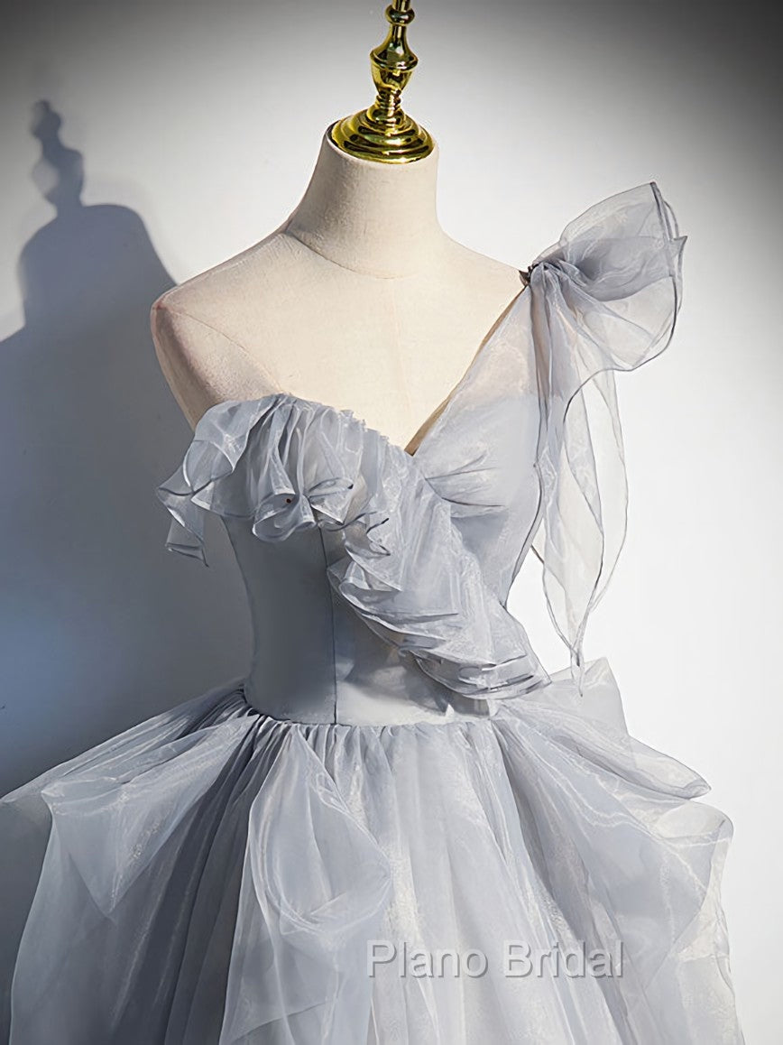 Gray Sweetheart Tulle Long Formal Prom Dresses, Gray Evening Dresses