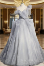 Gray Sweetheart Tulle Long Formal Prom Dresses, Gray Evening Dresses