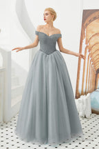 Tulle A line Off Shoulder Sweetheart Beaded Bodice Long Prom Dresses