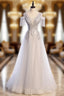 Gray Tulle Appliques Beading V-neck Formal Prom Dresses