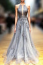 Gray Tulle Appliques Halter Backless Formal Prom Dresses