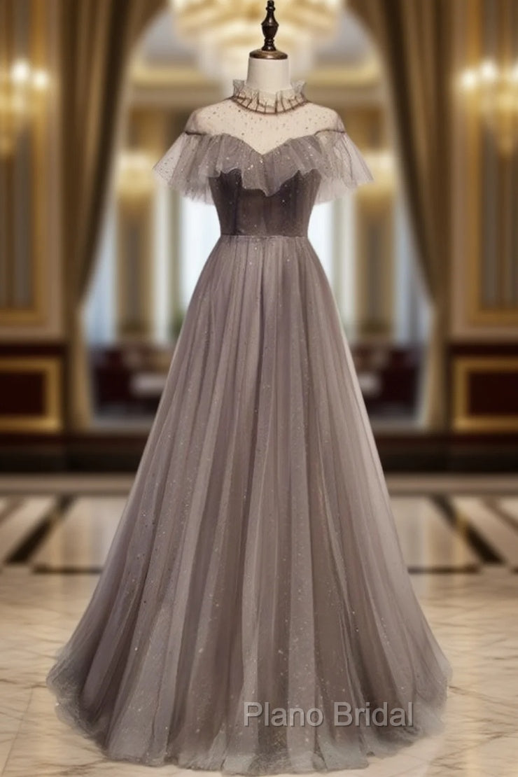 Gray Tulle Backless Cap Sleeve Sequins Formal Prom Dresses