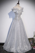 Gray Tulle Beaded Long A-Line Formal Prom Dresses, Cute Evening Party Dresses