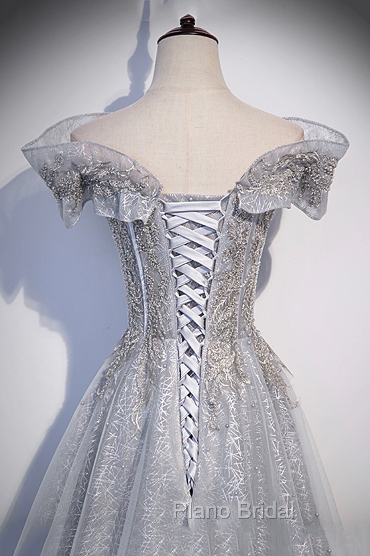 Gray Tulle Beaded Long A-Line Formal Prom Dresses, Cute Evening Party Dresses