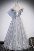 Gray Tulle Beaded Long A-Line Formal Prom Dresses, Cute Evening Party Dresses