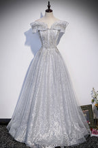 Gray Tulle Beaded Long A-Line Formal Prom Dresses, Cute Evening Party Dresses