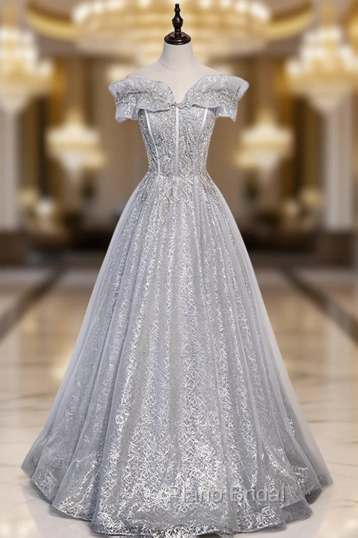 Gray Tulle Beaded Long A-Line Formal Prom Dresses, Cute Evening Party Dresses Main image