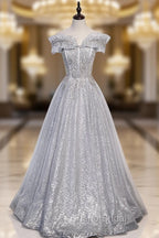 Gray Tulle Beaded Long A-Line Formal Prom Dresses, Cute Evening Party Dresses