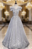 Gray Tulle Beaded Long A-Line Formal Prom Dresses, Cute Evening Party Dresses