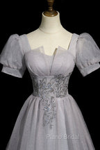 Gray Tulle Beaded Long Formal Prom Dresses, A-Line Short Sleeve Evening Party Dresses