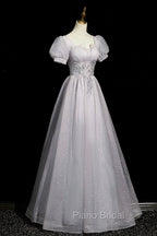 Gray Tulle Beaded Long Formal Prom Dresses, A-Line Short Sleeve Evening Party Dresses