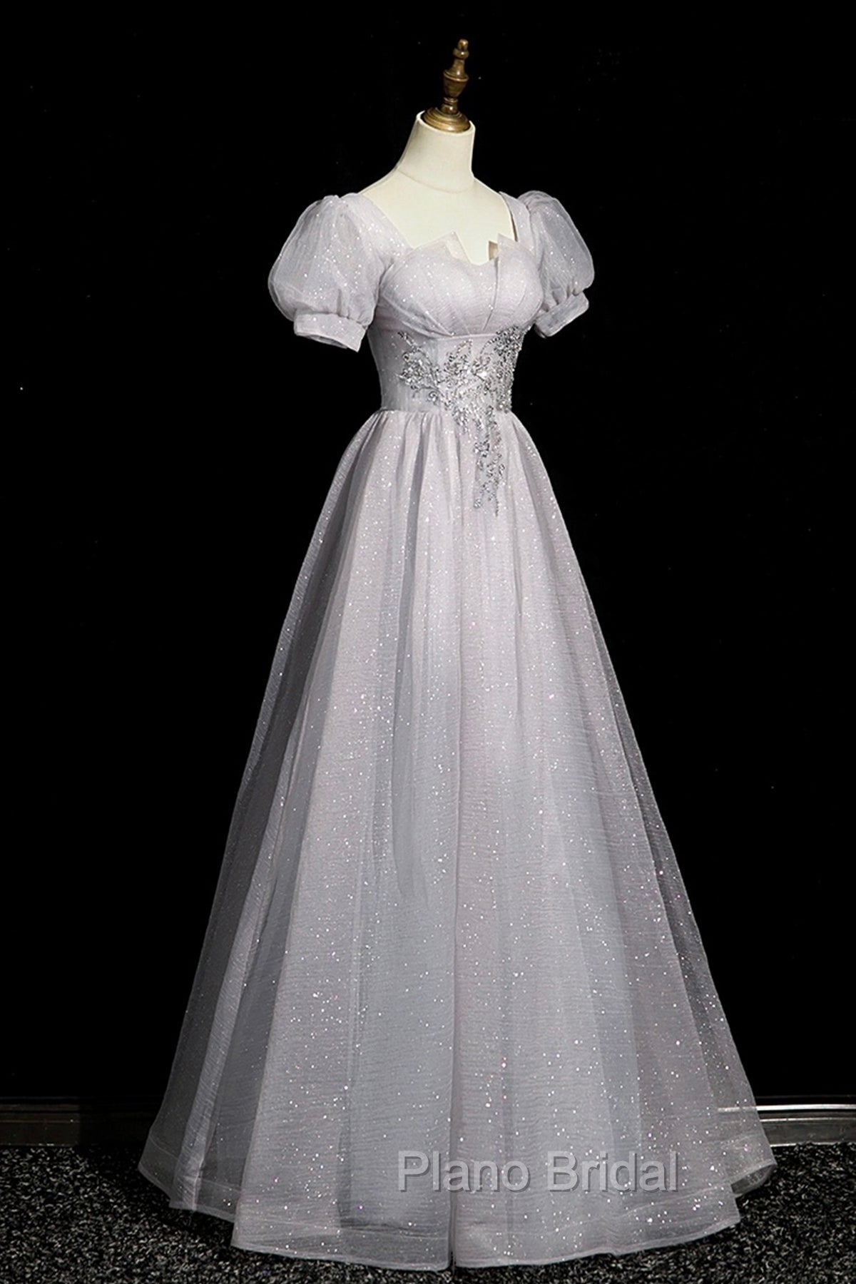 Gray Tulle Beaded Long Formal Prom Dresses, A-Line Short Sleeve Evening Party Dresses