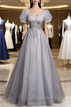 Gray Tulle Beaded Long Formal Prom Dresses, A-Line Short Sleeve Evening Party Dresses