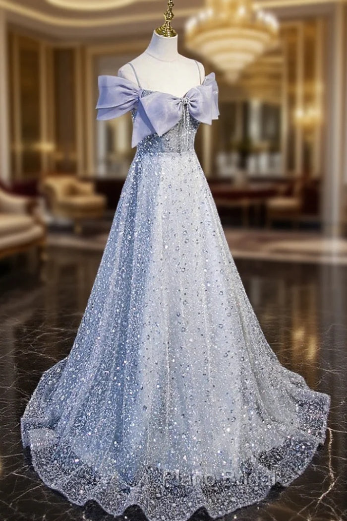 Gray Tulle Beaded Long Formal Prom Dresses, Off the Shoulder Evening Dresses with Bow Main image