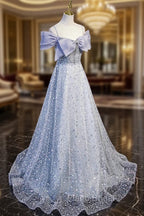 Gray Tulle Beaded Long Formal Prom Dresses, Off the Shoulder Evening Dresses with Bow
