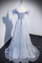 Gray Tulle Beaded Long Formal Prom Dresses, Off the Shoulder Evening Dresses with Bow