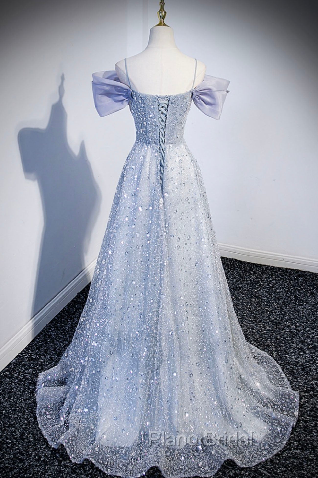 Gray Tulle Beaded Long Formal Prom Dresses, Off the Shoulder Evening Dresses with Bow