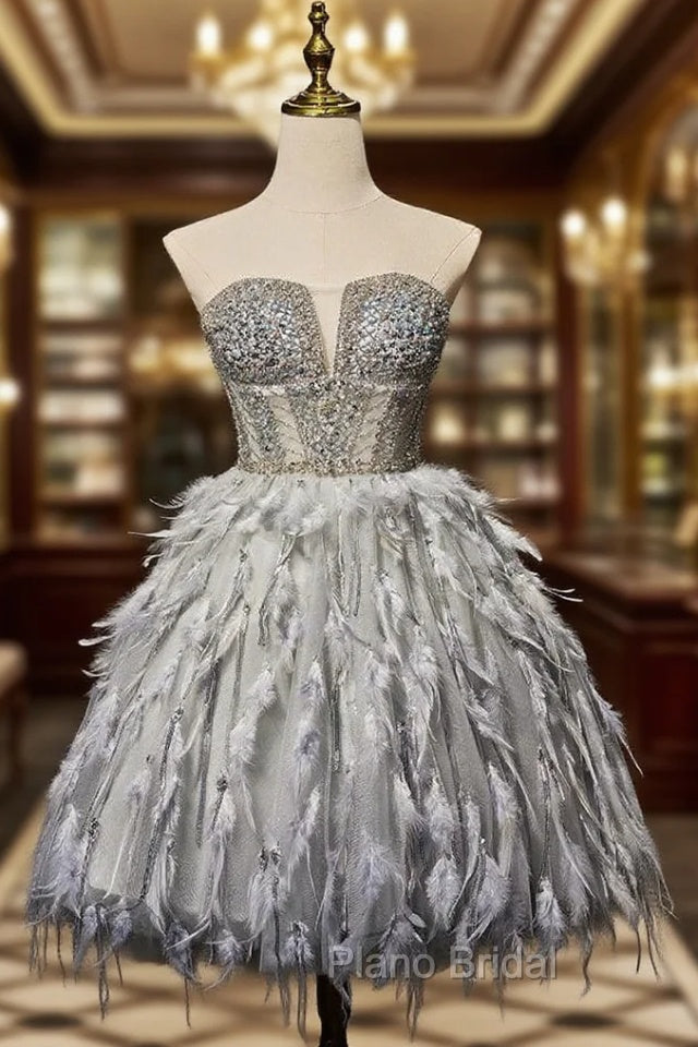 Gray Tulle Beading Feather Short Homecoming Dresses