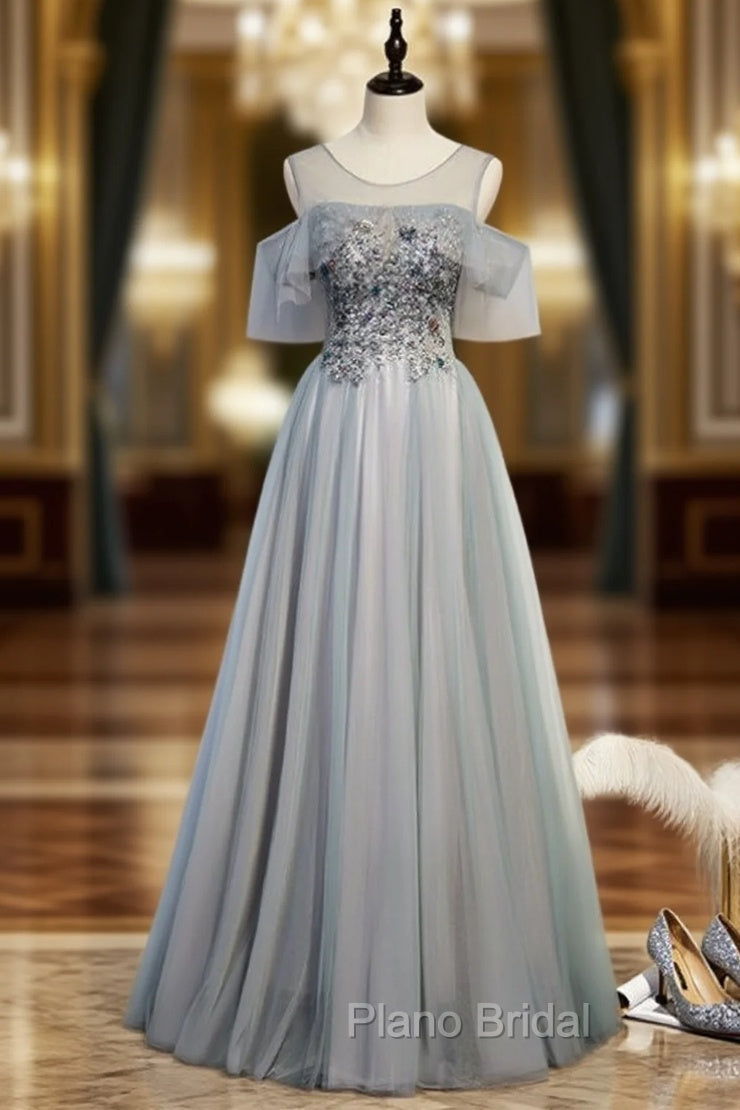 Gray Tulle Beading Sequins Formal Prom Dresses