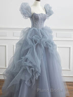 Gray tulle beads long Formal Prom dress, gray tulle formal dress
