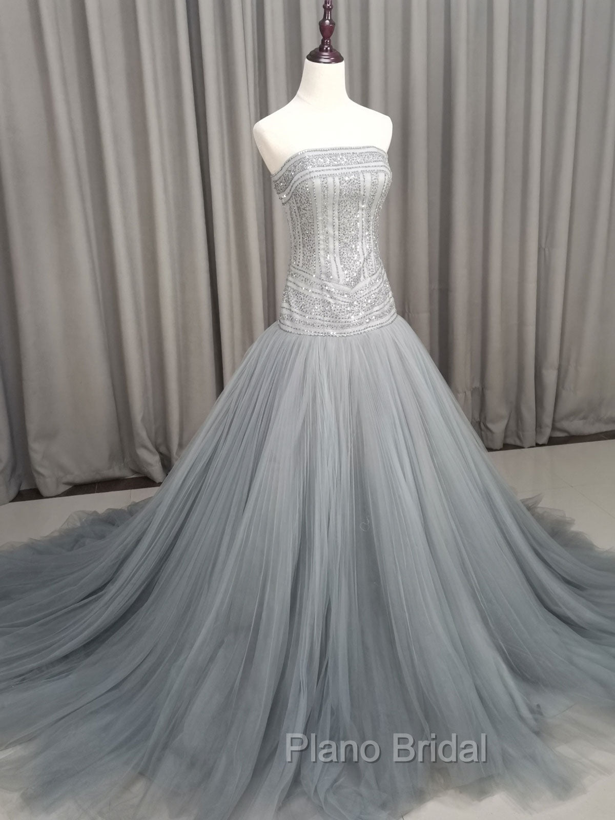 Gray Tulle Beads Long Formal Prom Dresses Gray Tulle Formal Evening Graduation Dresses Secondary image
