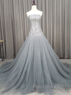Gray Tulle Beads Long Formal Prom Dresses Gray Tulle Formal Evening Graduation Dresses