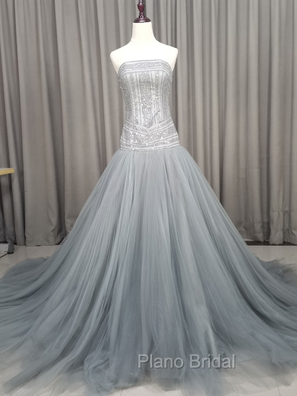 Gray Tulle Beads Long Formal Prom Dresses Gray Tulle Formal Evening Graduation Dresses