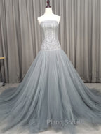 Gray Tulle Beads Long Formal Prom Dresses Gray Tulle Formal Evening Graduation Dresses