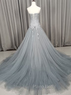 Gray Tulle Beads Long Formal Prom Dresses Gray Tulle Formal Evening Graduation Dresses