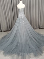Gray Tulle Beads Long Formal Prom Dresses Gray Tulle Formal Evening Graduation Dresses