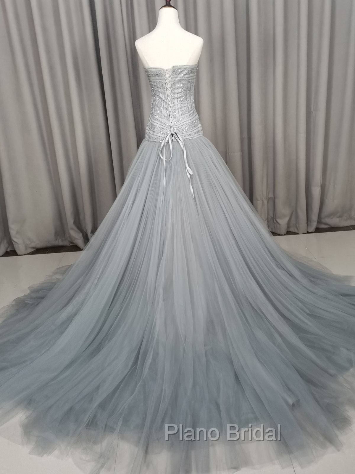 Gray Tulle Beads Long Formal Prom Dresses Gray Tulle Formal Evening Graduation Dresses