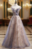 Gray Tulle Cap Sleeve Sequins Beading Long Formal Prom Dresses