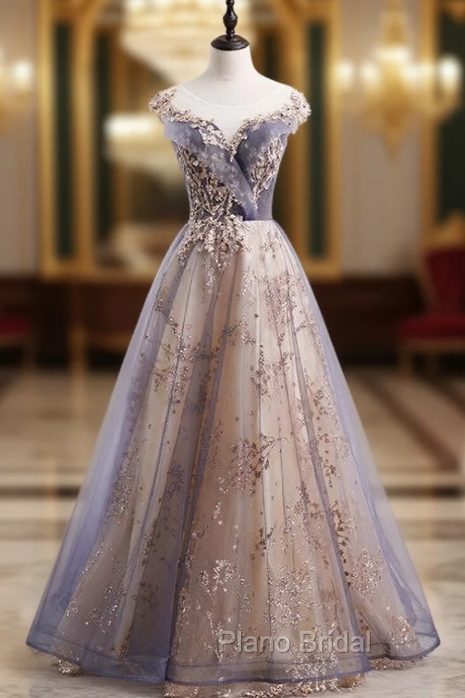 Gray Tulle Cap Sleeve Sequins Beading Long Formal Prom Dresses Main image
