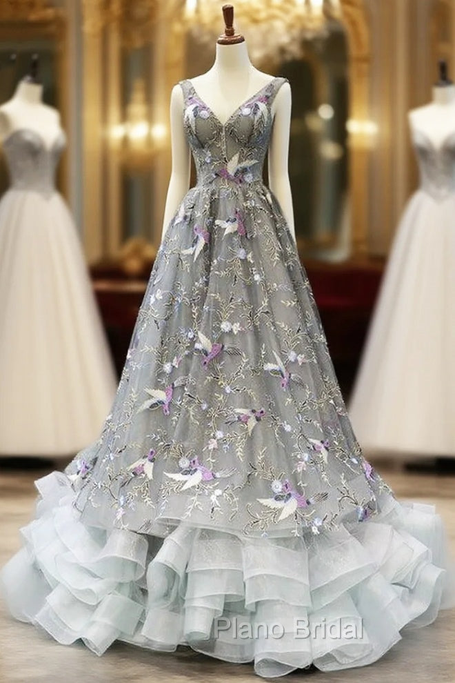 Gray Tulle Embroidery V-neck Backless Corset Formal Prom Dresses