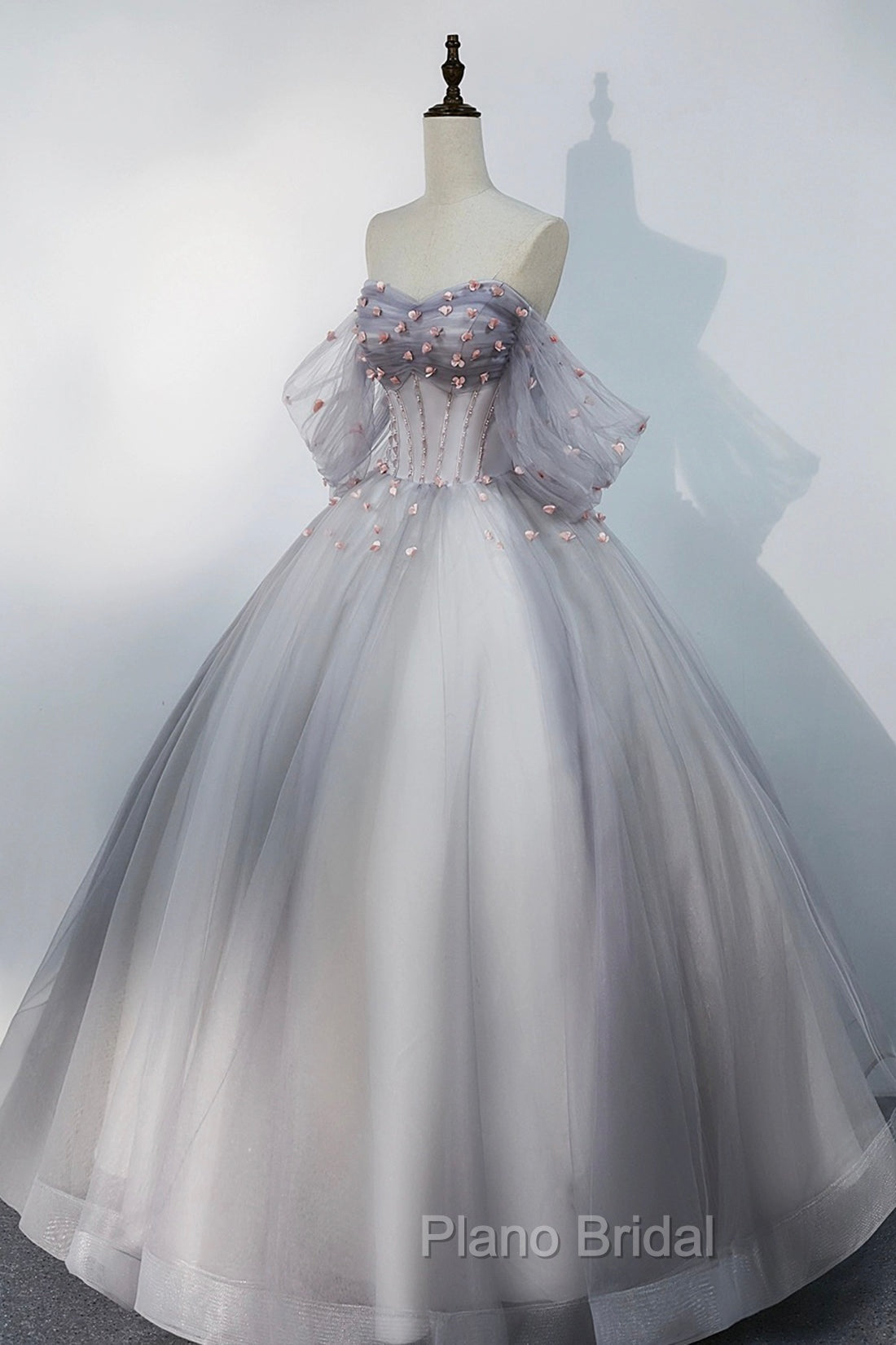 Gray Tulle Floor Length Formal Prom Dresses, Off the Shoulder Evening Party Dresses Secondary image