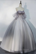 Gray Tulle Floor Length Formal Prom Dresses, Off the Shoulder Evening Party Dresses