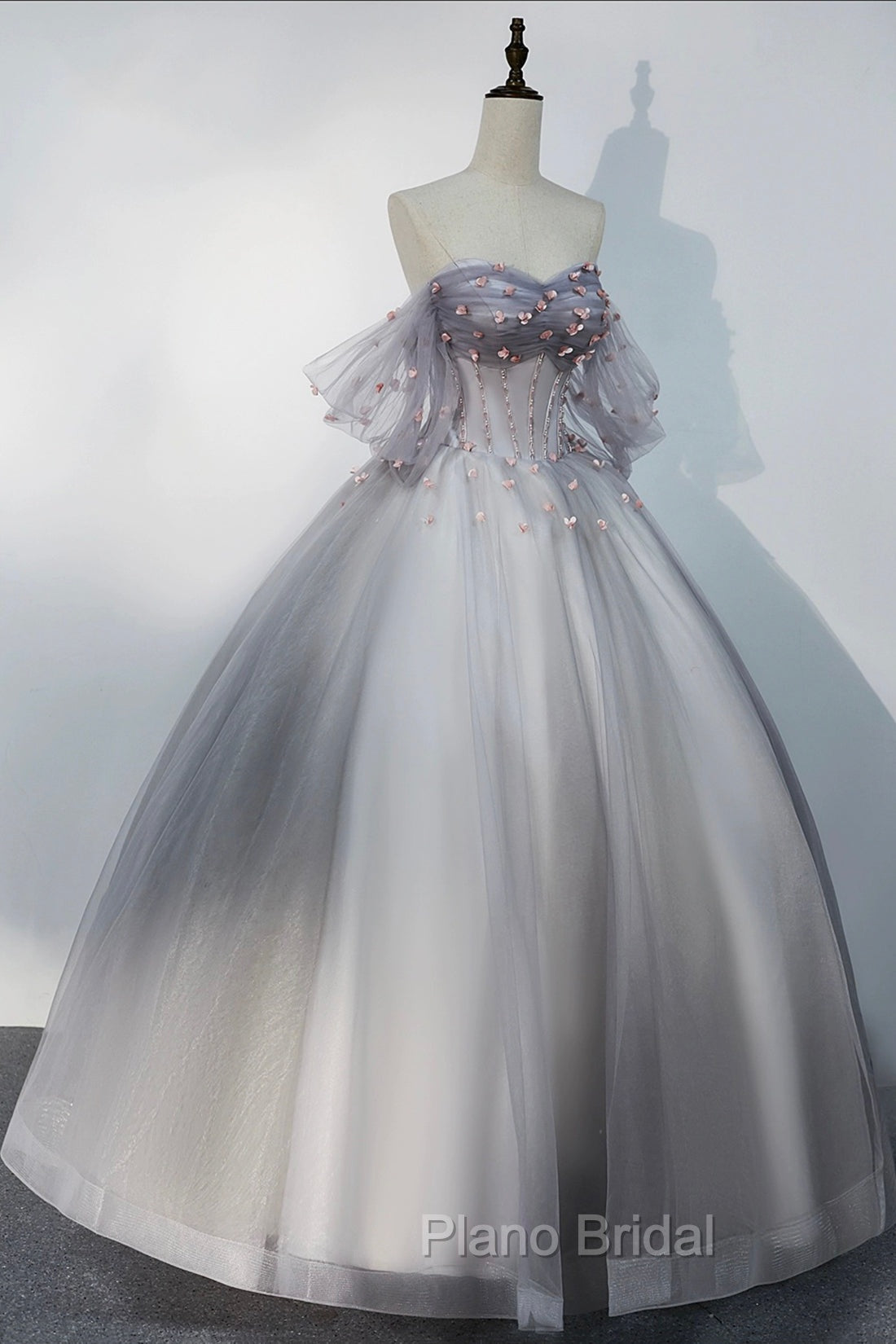 Gray Tulle Floor Length Formal Prom Dresses, Off the Shoulder Evening Party Dresses