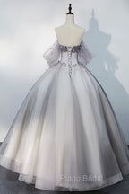 Gray Tulle Floor Length Formal Prom Dresses, Off the Shoulder Evening Party Dresses