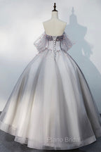 Gray Tulle Floor Length Formal Prom Dresses, Off the Shoulder Evening Party Dresses
