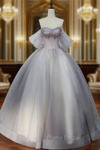 Gray Tulle Floor Length Formal Prom Dresses, Off the Shoulder Evening Party Dresses
